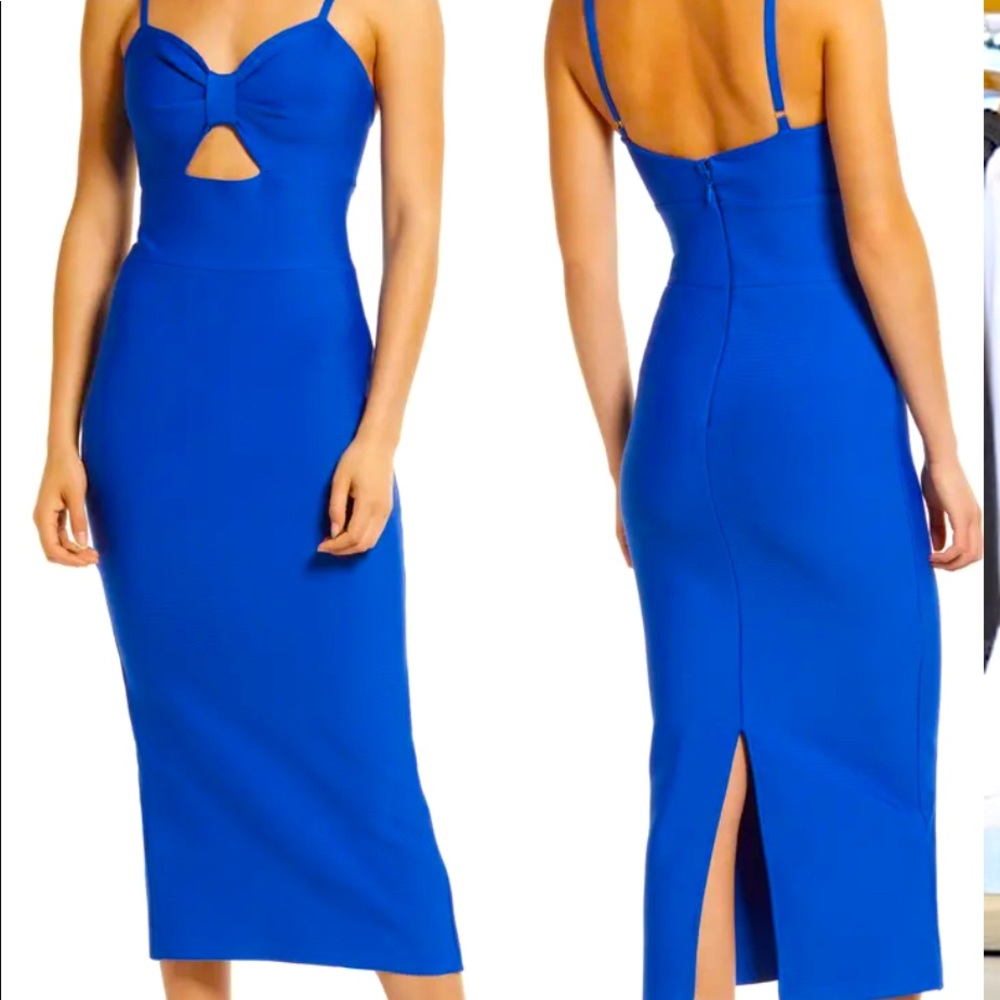 Elliatt Rachel Dress,cobalt blue,sweetheart neckline,cutout above waist,midi.